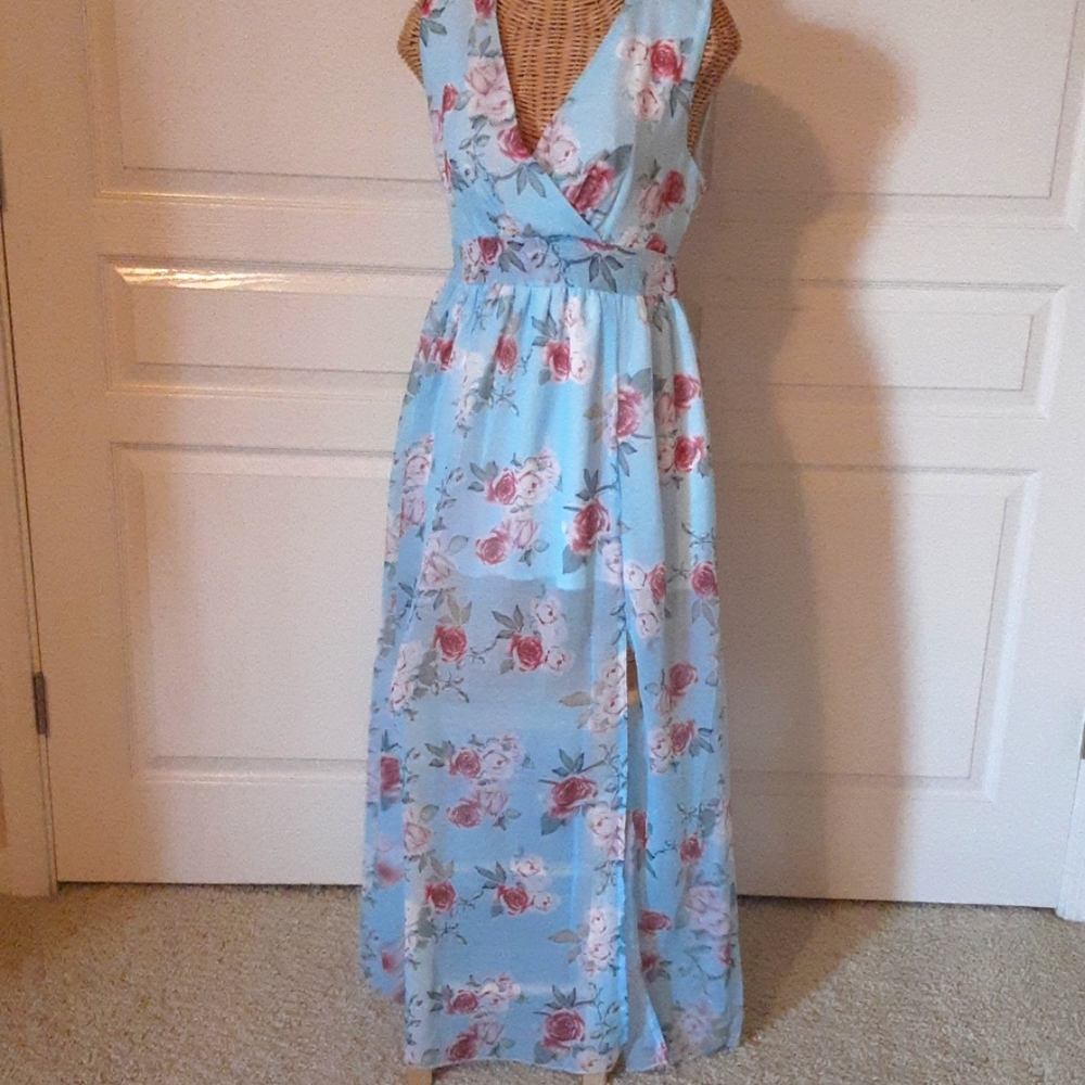 Aqua Color Maxi Dress with Front Split